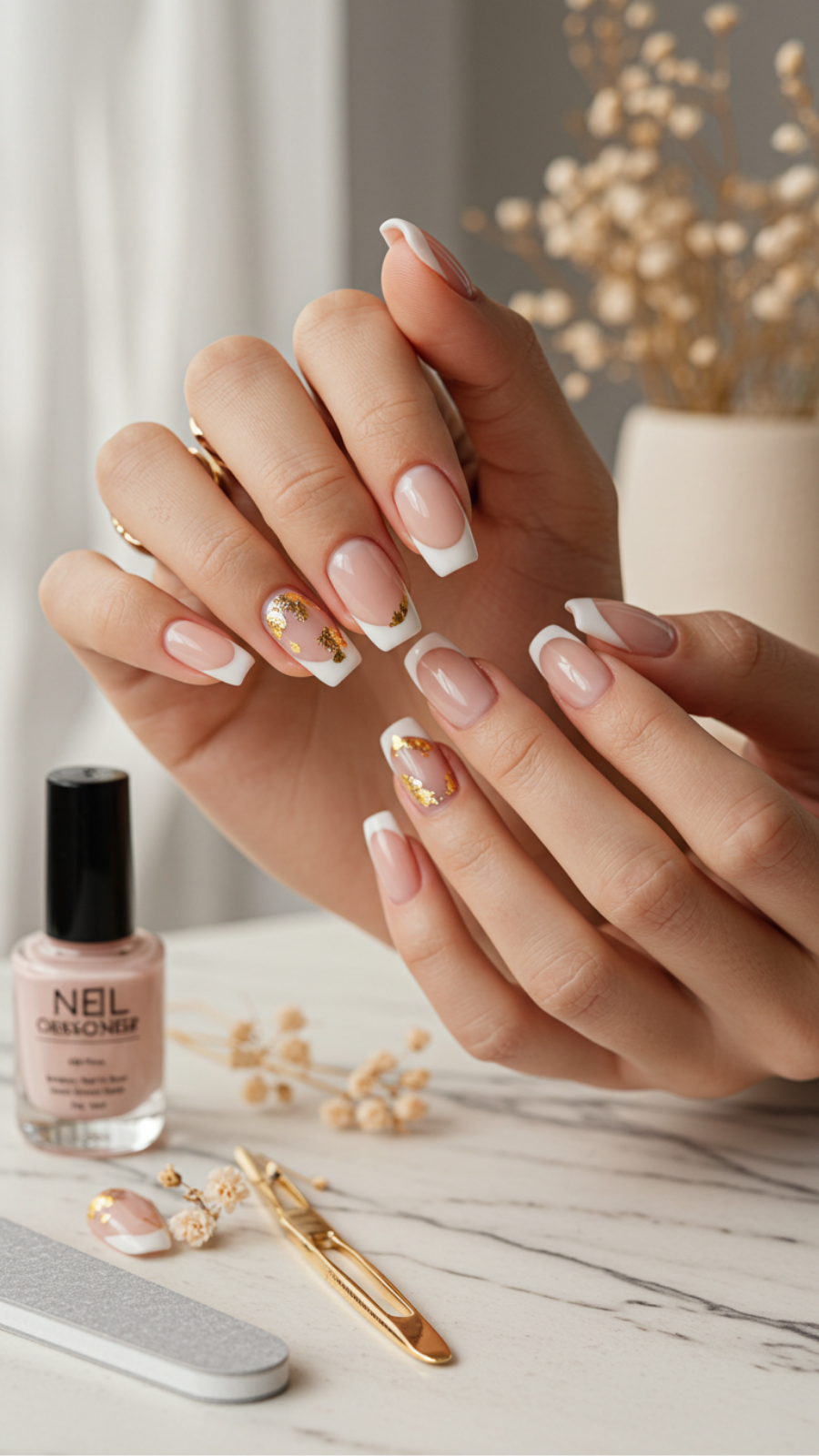 French Tips with Foil Accents: Modern Shine and Elegance