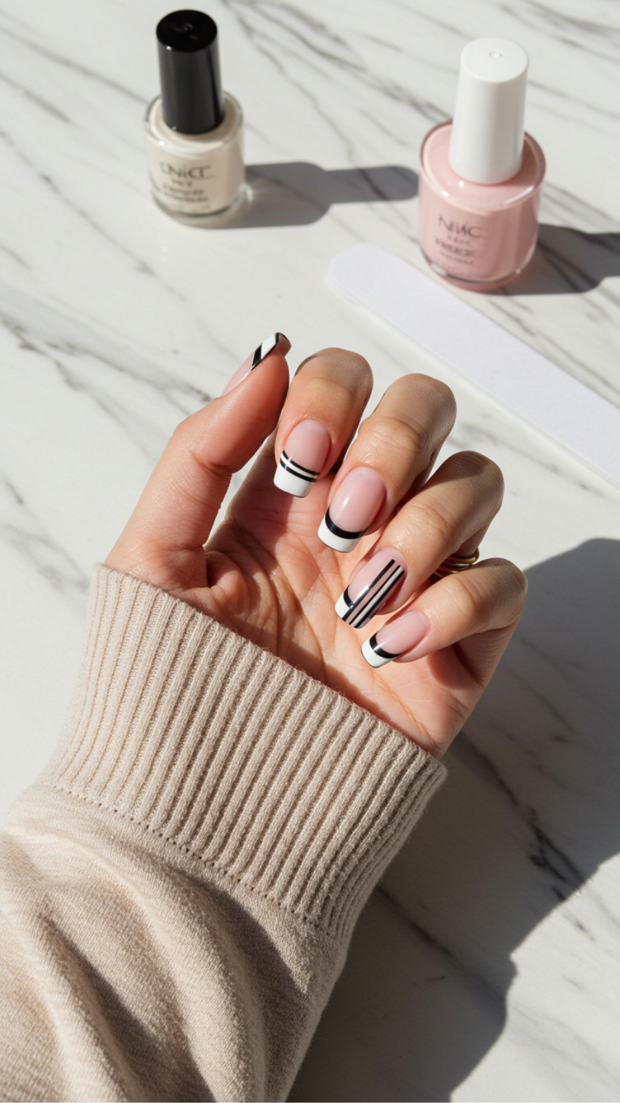 French Tip Nail Art with Stripes: Clean Lines for a Modern Edge