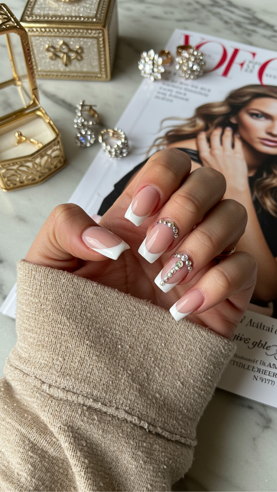 French Tip Nail Art with Rhinestones: Sparkle Meets Classic