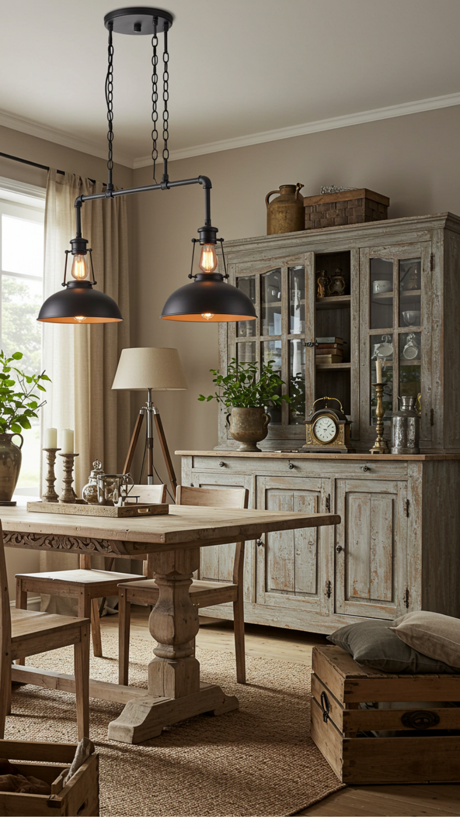 Mix Industrial Lighting Fixtures with Antique Wooden Furniture Pieces