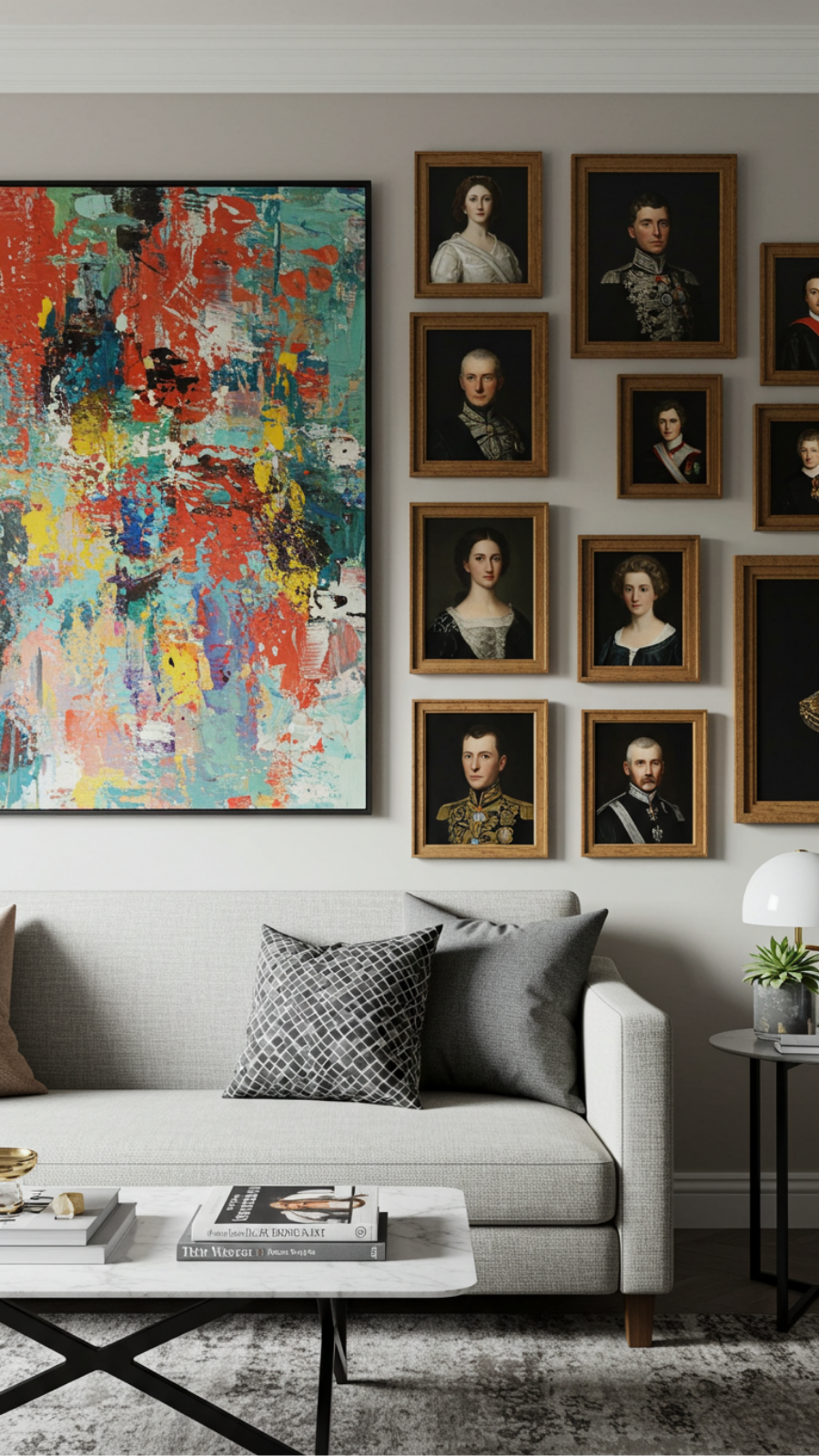 Create Contrast Using Modern Art with Traditional Framed Portraits