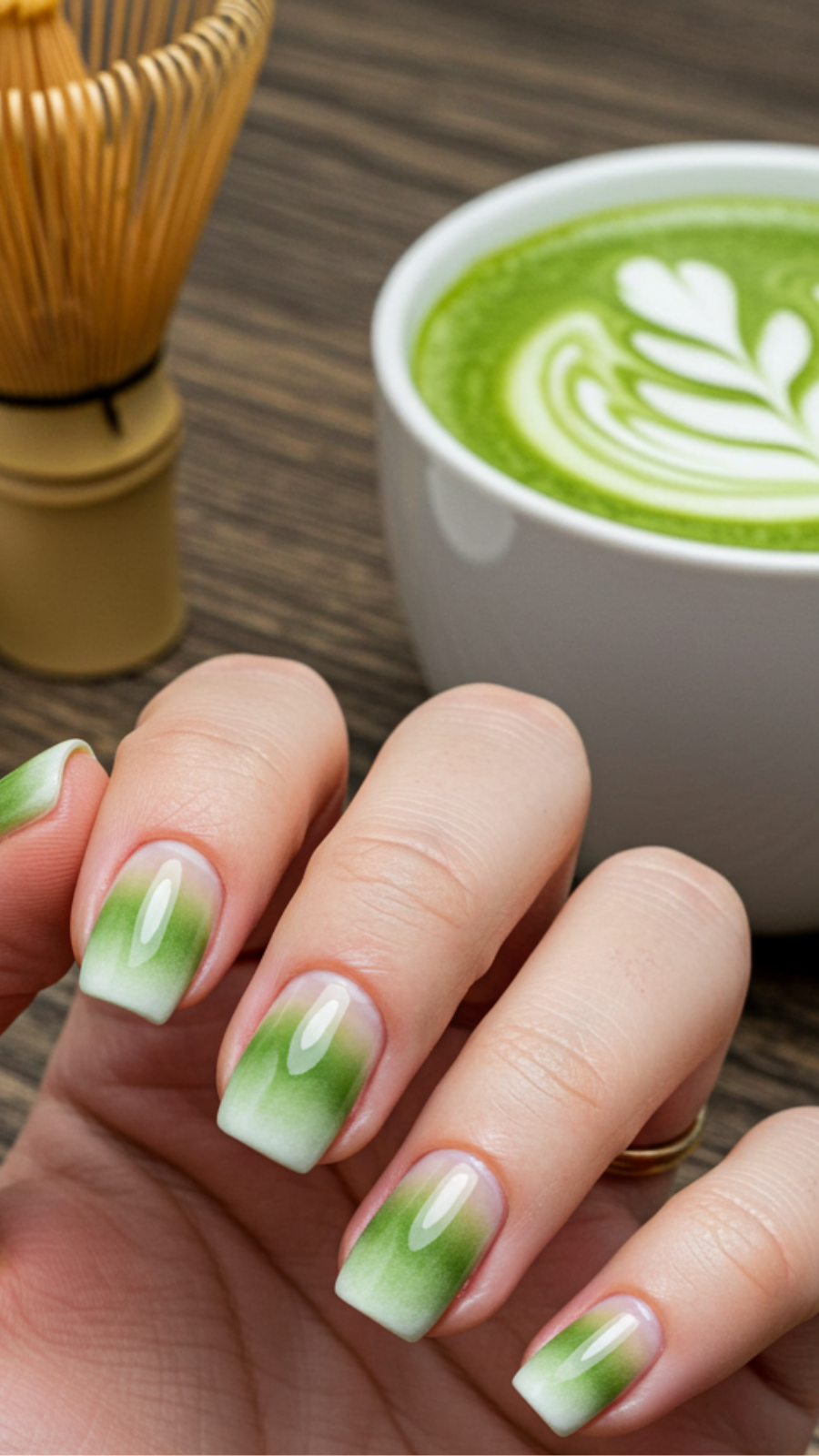 Milky Matcha Latte Ombre Nail Art: Blend of Green and Creamy Hues