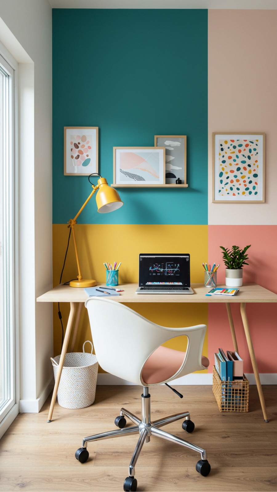 Brighten Up a Home Office with Whimsical Color Block Accent Walls