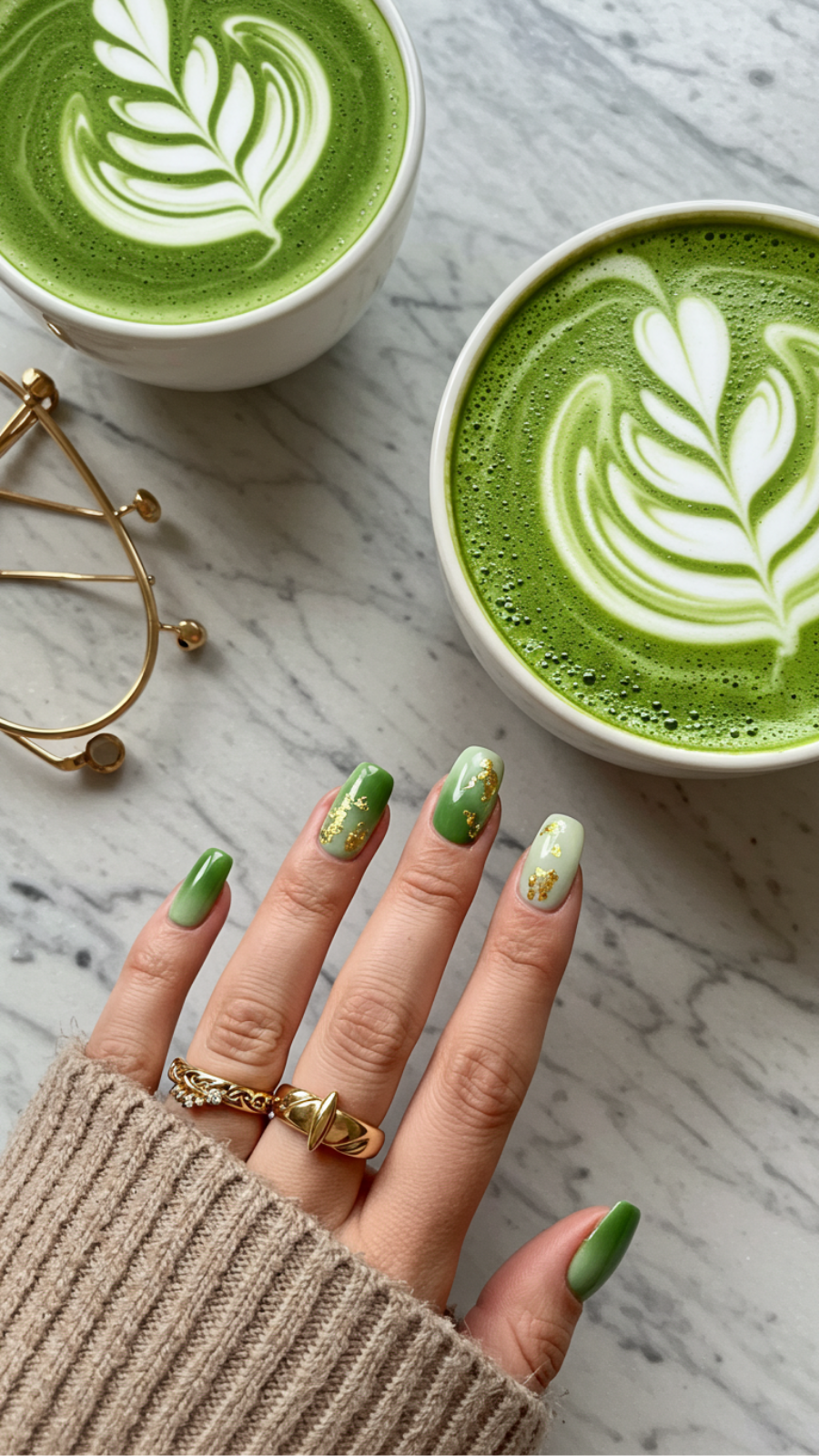 Chic Matcha Latte Nail Designs with Gold Foil Accents for Elegance