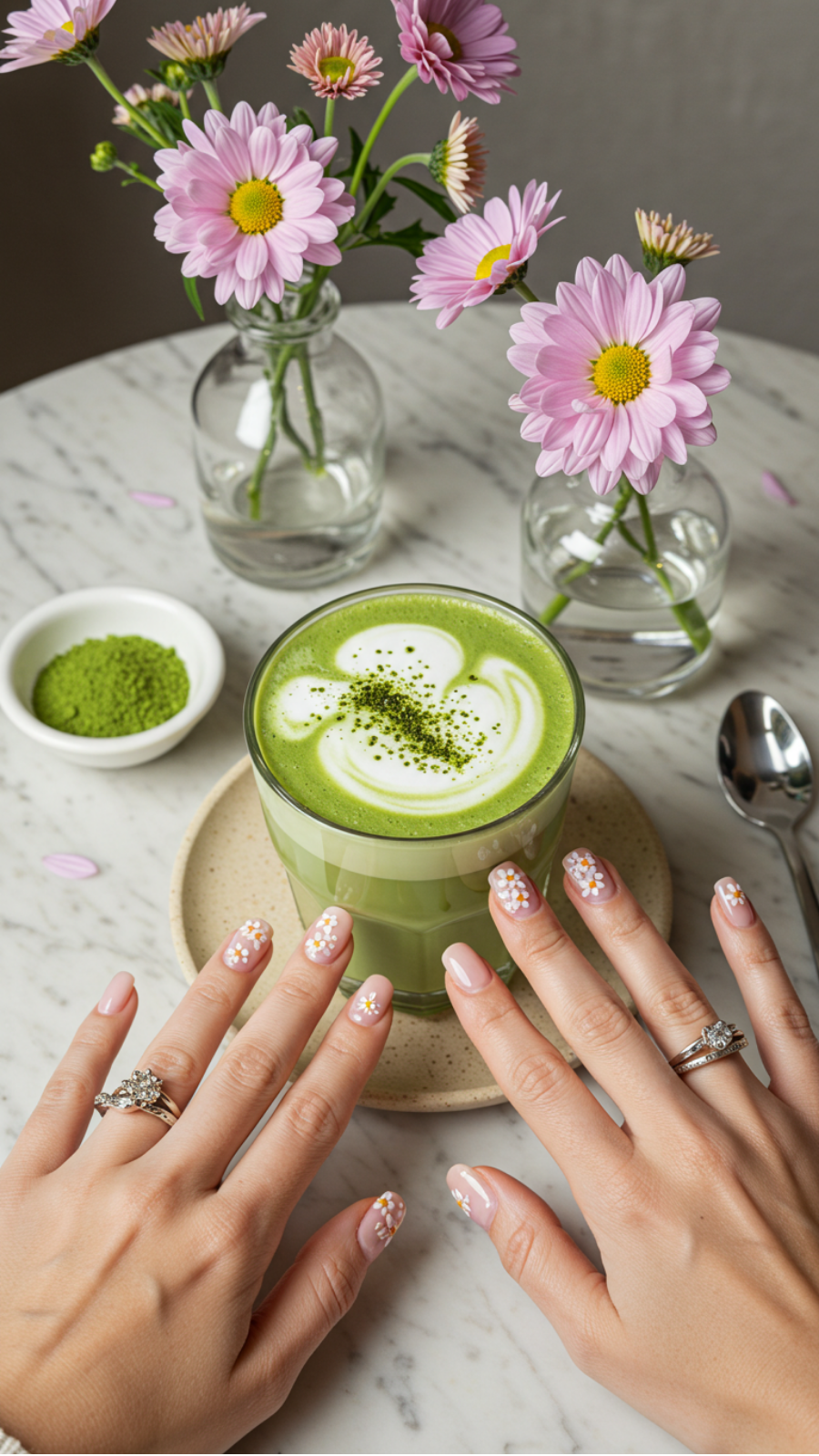 Floral Milky Matcha Latte Nails: Incorporating Blossom Nail Art