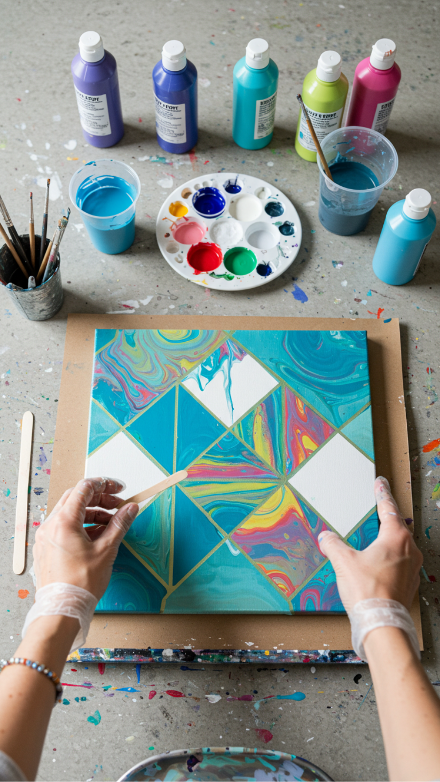 Create Stunning Geometric Canvas Art Using Acrylic Pour Techniques