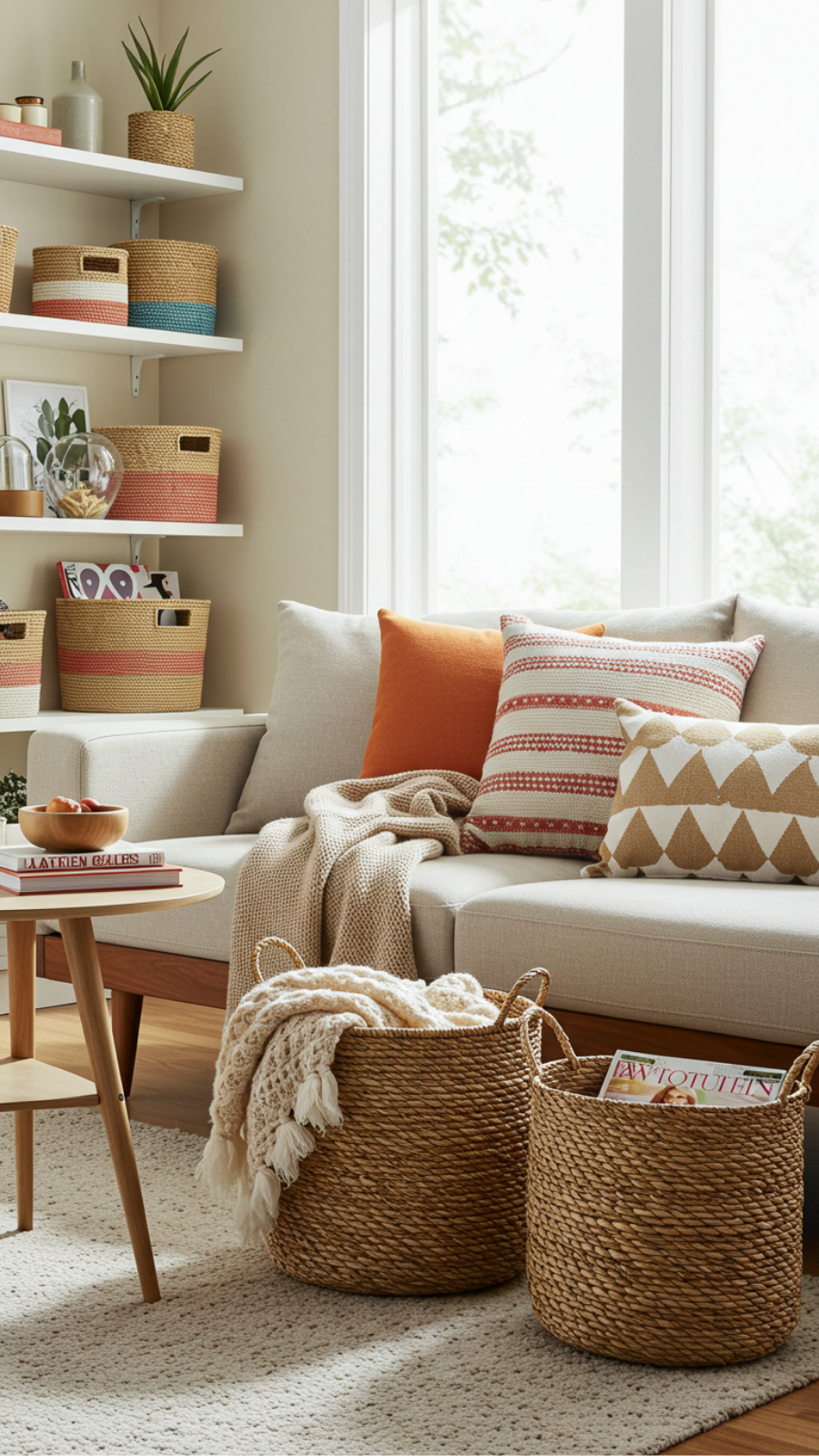 Incorporate Decorative Baskets for Trendy, Practical Storage Options